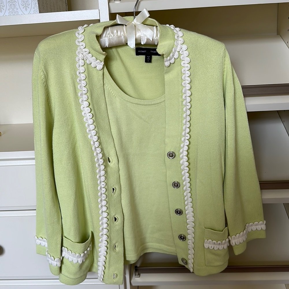 Pastel Sleeveless top and matching cardigan with white decorative detail